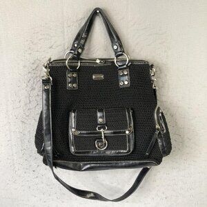 The Sak Shoulder Bag Womens Black Crochet Leather Trim Satchel Crossbody Purse